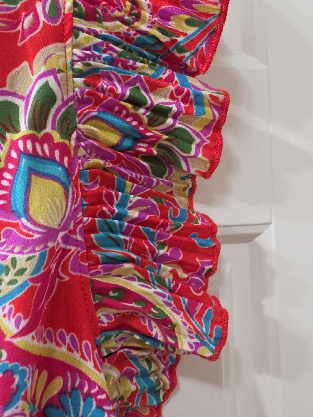 Chenault Vibrant Pink Paisley Tie-Neck Blouse with Ruffled Trim - 1X - Picture 5 of 8